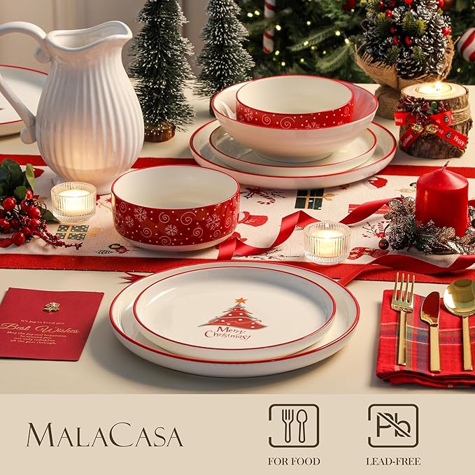 MALACASA Plates and Bowls Sets, 24 Pieces Christmas Porcelain Dinnerware Set for 6, Ceramic Dishware Dishes Kitchen Dining Ware Set, Microwave and Dishwasher Safe, Series LUNA-Christmas Tree