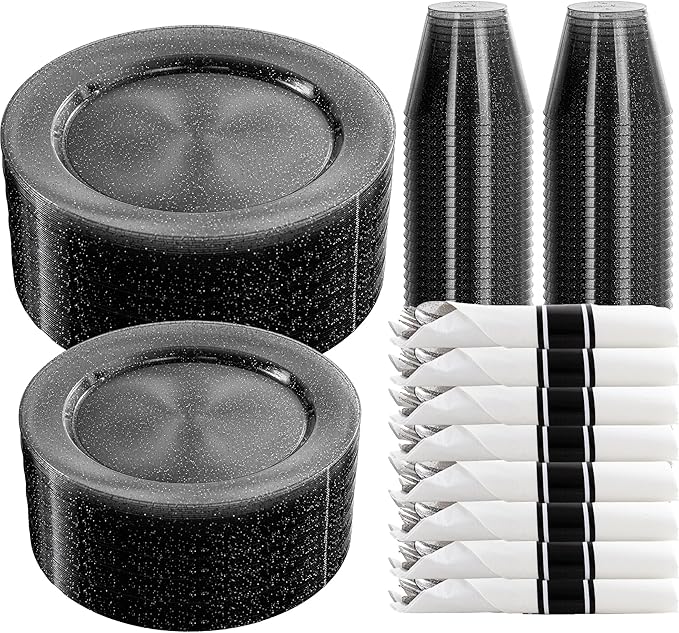 DaYammi 350 Pieces Black Glitter Dinnerware Set 50 Guest for Party- 50 Dinner Plates, 50 Dessert Plates -50 Per Rolled Napkins with Black Cutlery - 50 Disposable Cups 9 OZ
