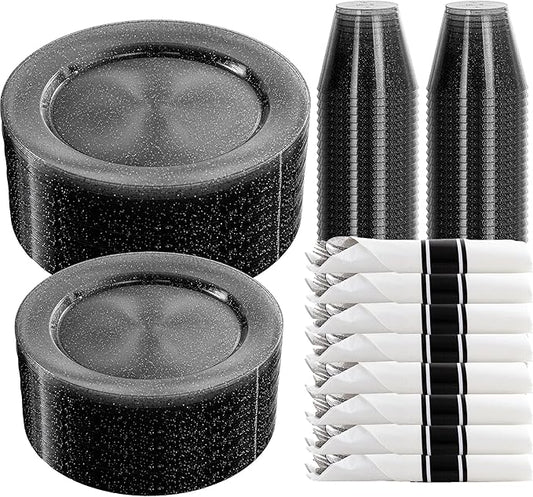 DaYammi 350 Pieces Black Glitter Dinnerware Set 50 Guest for Party- 50 Dinner Plates, 50 Dessert Plates -50 Per Rolled Napkins with Black Cutlery - 50 Disposable Cups 9 OZ