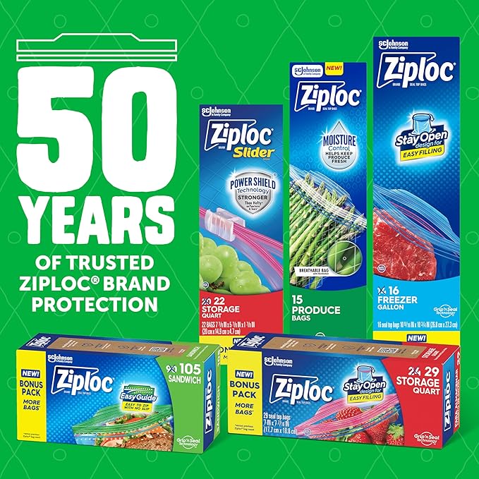 Ziploc Food Storage Produce Bags, Seal Top to Keep and Control Moisture, 50 Bags Total