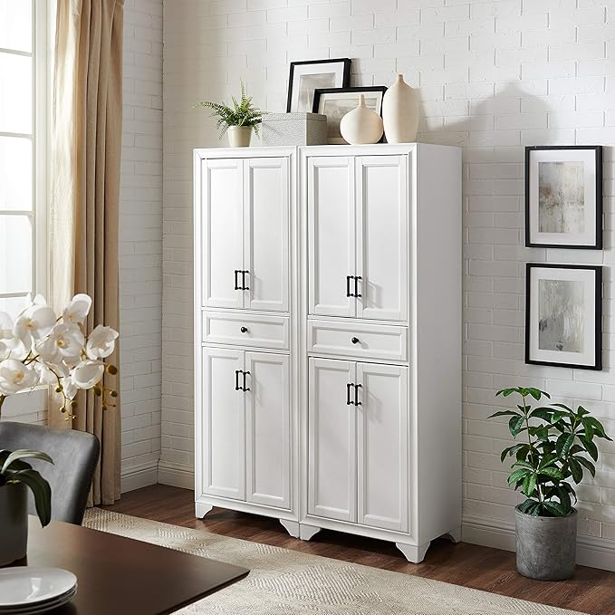 Crosley Furniture Tara 2-Piece Pantry Storage Cabinet Set with Shelves, Kitchen, Dining, or Laundry Room, Distressed White