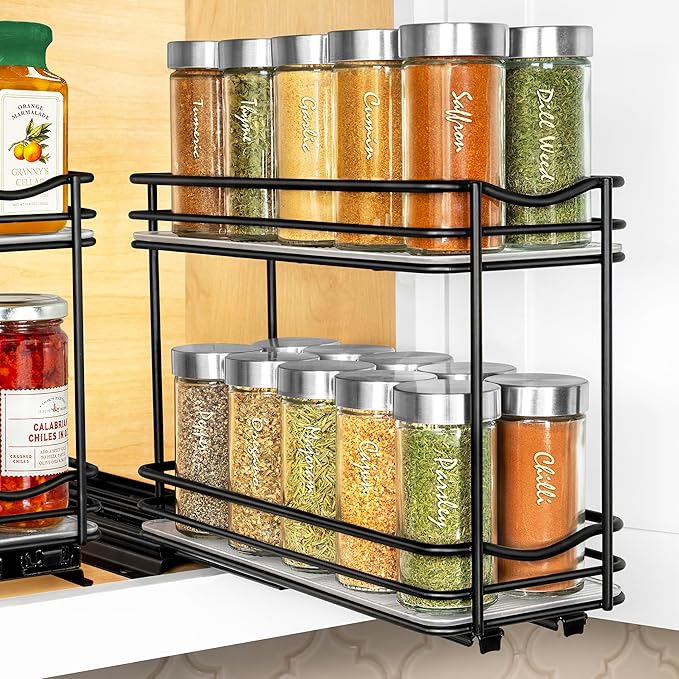 LYNK PROFESSIONAL® Pull Out Spice Rack Organizer for Inside Kitchen Cabinets - 4-3/8 inch Wide - Slide Out Drawer – Black Sliding Spice Cabinet Organization Shelf Racks - 2 Tier