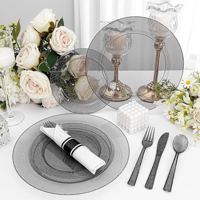 DaYammi 350 Pieces Black Glitter Dinnerware Set 50 Guest for Party- 50 Dinner Plates, 50 Dessert Plates -50 Per Rolled Napkins with Black Cutlery - 50 Disposable Cups 9 OZ
