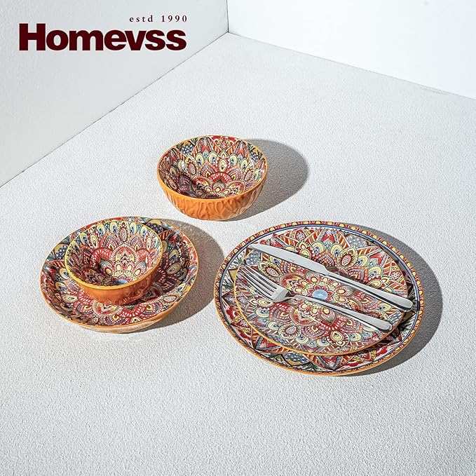 Homevss Boho 20 Pieces Dinnerware Sets, Plates and Bowls Set, Porcelain Dishes Set for 4, Microwave and Dishwasher Safe, Scratch Resistant, Bohemian Style Dining Ware, Orange