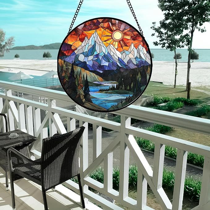 Stained Glass Window Hanging - Colorful Mountain Lake Landscape Sun Catcher for Door Garden Home Decor Suncatcher Christmas Mother's Day Birthday Gifts for Women Men Mom Nana 7.8 in