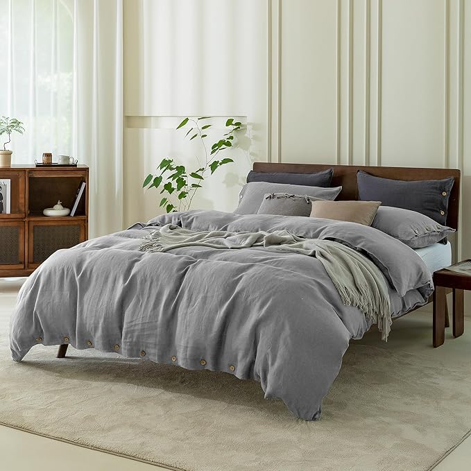 EVERLY 100% Pure Linen Duvet Cover Set Queen Size 90X90Inch 3pcs (1 Duvet Cover,2 Pillowcases) Soft and Breathable for All Season with Coconut Button Closure, Suitable for Hot Sleepers-Grey