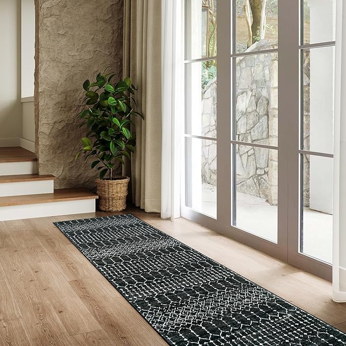 Lahome Moroccan Black Long Runner - Washable Hallway Rug, Ultra-Thin Non Slip Kitchen Runner, Soft Modern Print Indoor Floor Carpet for Entryway Stair (Black, 2'5''x12'')