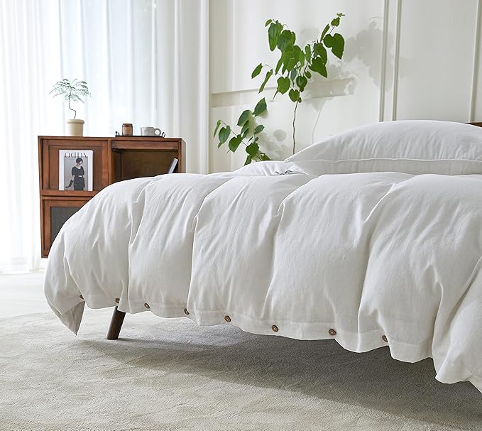 EVERLY 100% Pure Linen Duvet Cover Set King Size 104X90Inch 3pcs (1 Duvet Cover,2 Pillowcases) Soft and Breathable for All Season with Coconut Button Closure, Suitable for Hot Sleepers-White-King