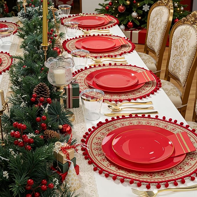 NOCCUR 350PCS Red Plastic Plates - Disposable Red Gold Dinnerware Set for 50 Guests, 100 Dinner/Dessert Plates, 150 Gold Silverware, 50 Cups&50 Napkins for Party/Wedding/Birthday/Christmas