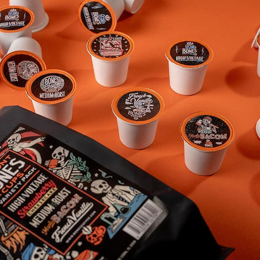 Bones Coffee Company Variety Flavored Coffee Pods, French Vanilla, Maple Bacon, Strawberry Cheesecake, Medium Roast, High Voltage Bones Cups, Compatible with 1.0 & 2.0 K-Cups Brewers, 20 Count