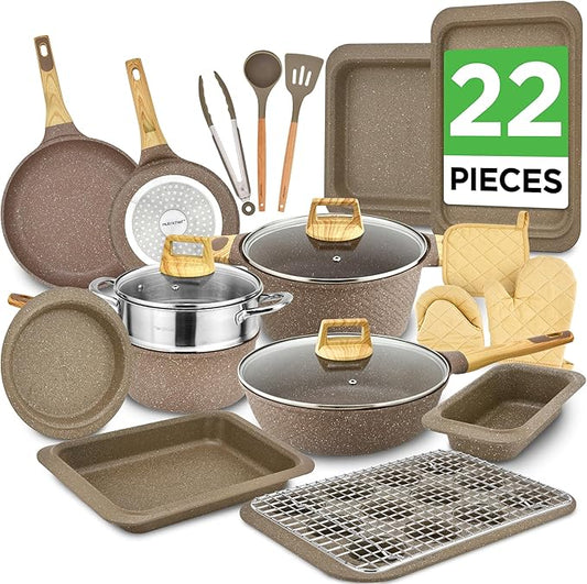 Nutrichef 22-Piece Black Marble Non-Stick Cookware and Bakeware Set - Professional Home Kitchen Collection with Multi-Sized Pots, Pans, and Heat-Resistant Tools