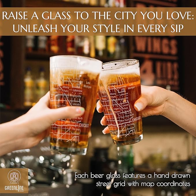 Greenline Goods Beer Glasses - 16 oz Drinkware Set for Chicago lovers - Set of 2 - Etched with Chicago, IL Map | Premium Decorative Glassware
