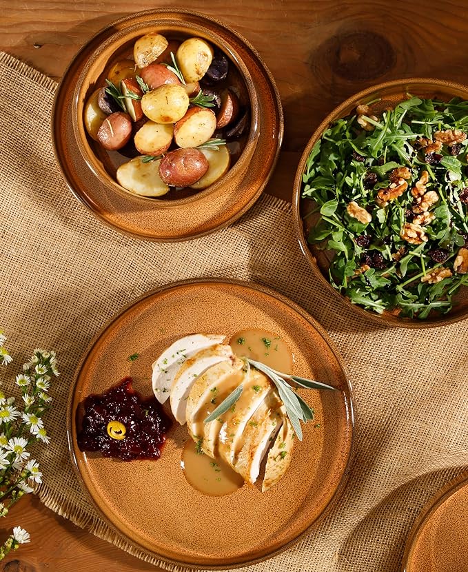 Bloomhouse - Two Time Oprah's Favorite Things Winner - Santorini Mist Double Bowl Terracotta Reactive Glaze Plates and Bowls Dinnerware Set - Amber, Service for Four (16pcs)