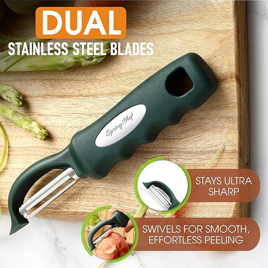 Spring Chef Professional Swivel Vegetable Peeler for Kitchen, Stainless Steel Potato Peeler with Comfortable Handle, Great for Apple, Veggie, Carrot, Cucumber - Dishwasher Safe - Pine Green