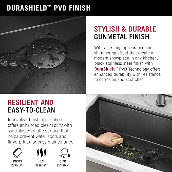 DELTA FAUCET Delta Rivet 32 Inch Black Stainless Steel Undermount 16 Gauge Workstation Kitchen Sink Single Bowl in PVD Gunmetal Finish with WorkFlow Ledge and Accessories, 95B9031-32S-GS