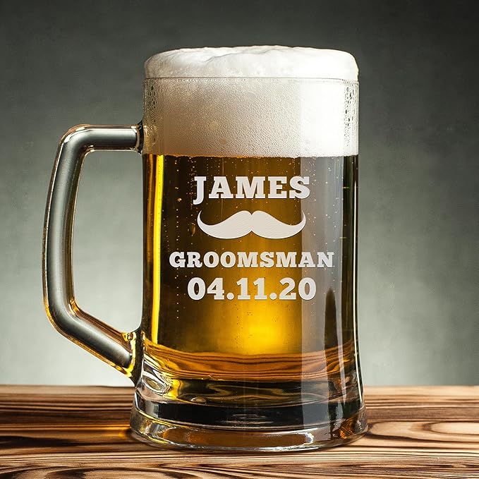 Groomsmen Gifts - Personalized Beer Mugs - Groomsmen Proposal Gift Idea - Customized Gift for Groom, Best Man, Groomsman - Custom Engraved Beer Mugs for Grooms Men - Groomsmen Beer Glasses (Design B)