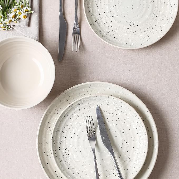 Stone Lain Dua 24-Piece Dinnerware - Stoneware, Plate and Bowls, Dishwasher and Microwave Safe, Dish Set for 8, White