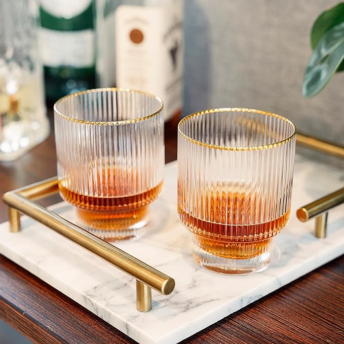 Viski Meridian Lowball Glasses Set of 2 - Premium Crystal Clear Vintage Drinking Tumblers for Whiskey, Scotch & Bourbon in Art Deco Ripple Glassware Design, Gold Rimmed Glassware Gift Set, 12 oz