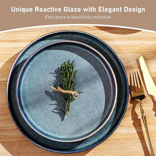 GBHOME Stoneware Dinnerware Sets for 8,Round Reactive Glaze Ceramic Plates and Bowls Set,Highly Scratch Resistant| Dishwasher & Microwave Safe Dishes Set,Service for 8(24Pcs),Ceylon Blue