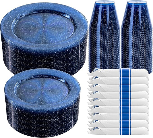 DaYammi 350 Pieces Cobalt Blue Glitter Dinnerware Set 50 Guest for Party- 50 Dinner Plates, 50 Dessert Plates -50 Per Rolled Napkins with Blue Cutlery - 50 Disposable Cups 9 OZ