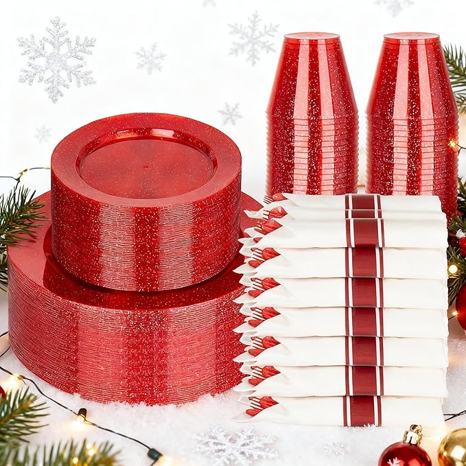 DaYammi 210PCS Red Glitter Plastic Dinnerware Set for 30 Guests, Fancy Disposable Plates for Christmas, Include: 30 Dinner Plates, 30 Dessert Plates, 30 Pre Rolled Napkins with Red Silverware, 30 Cups