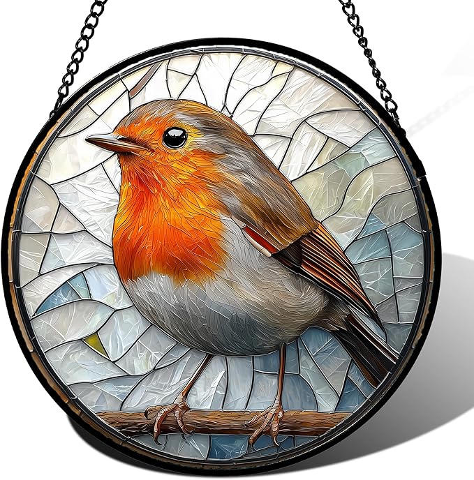 Stained Glass Window Hanging - Orange Grey Robin Sun Catcher for Door Garden Home Decor Bird Lovers Suncatcher Christmas Mother's Day Birthday Gifts for Women Men Mom Nana 6.3 in