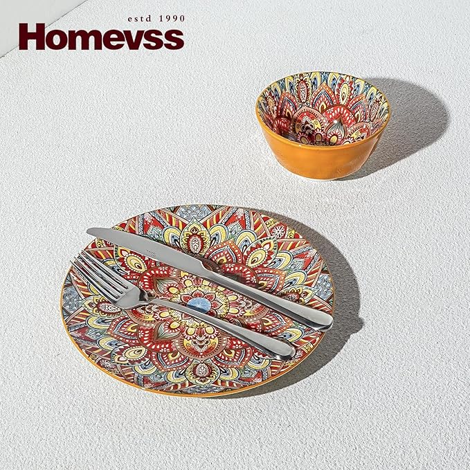 Homevss Boho 20 Pieces Dinnerware Sets, Plates and Bowls Set, Porcelain Dishes Set for 4, Microwave and Dishwasher Safe, Scratch Resistant, Bohemian Style Dining Ware, Orange