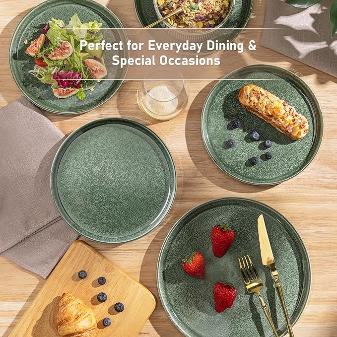GBHOME Stoneware Dinnerware Sets for 4,Round Reactive Glaze Ceramic Plates and Bowls Set,Highly Scratch Resistant| Dishwasher & Microwave Safe Dishes Set,Service for 4(12Pcs),Dark Green