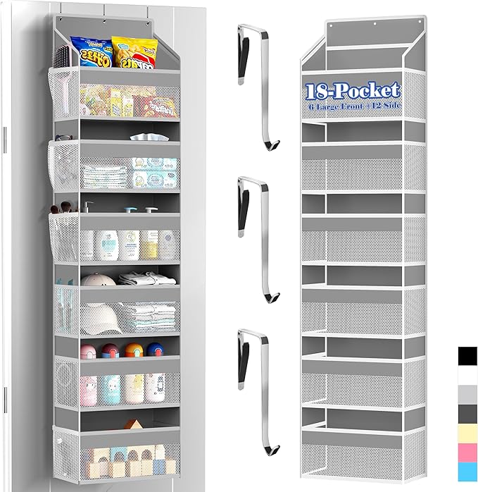 PAULONE 1 Pack Heavy Duty Over the Door Organizer, 6 Large + 12 Mesh Pockets with 89 lbs Capacity, Space-Saving Hanging Storage for Shoes, Toys, Bedroom & Closet-Light Gray