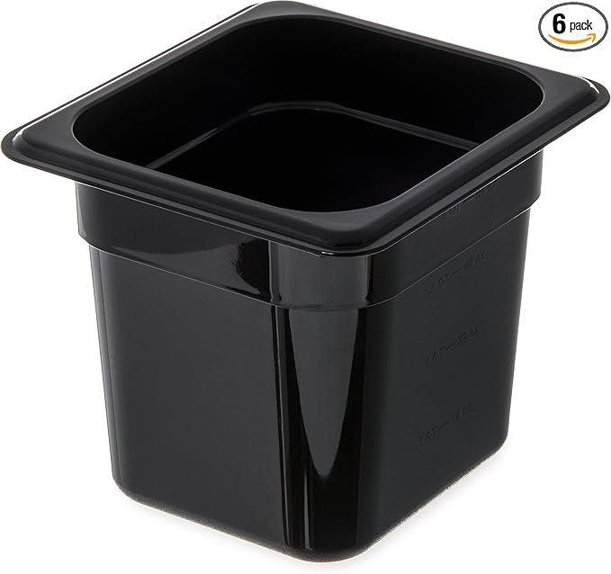 Carlisle FoodService Products Storplus 1/6-Size Plastic Food Pan, Food Storage Container, for Catering, Buffets, Restaurants, Polycarbonate, 1/6 Size, 6 Inches Deep, Black, (Pack of 6)