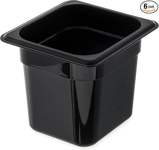 Carlisle FoodService Products Storplus 1/6-Size Plastic Food Pan, Food Storage Container, for Catering, Buffets, Restaurants, Polycarbonate, 1/6 Size, 6 Inches Deep, Black, (Pack of 6)
