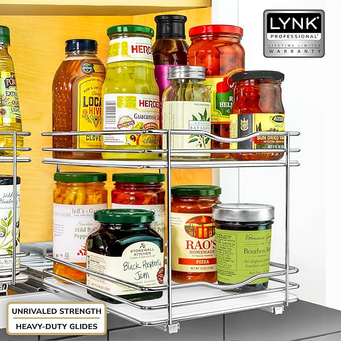 LYNK PROFESSIONAL® Pull Out Spice Rack Organizer for Inside Kitchen Cabinets - 8-3/8 inch Wide - Slide Out Drawer – Chrome Sliding Spice Cabinet Organization Shelf Racks - 2 Tier
