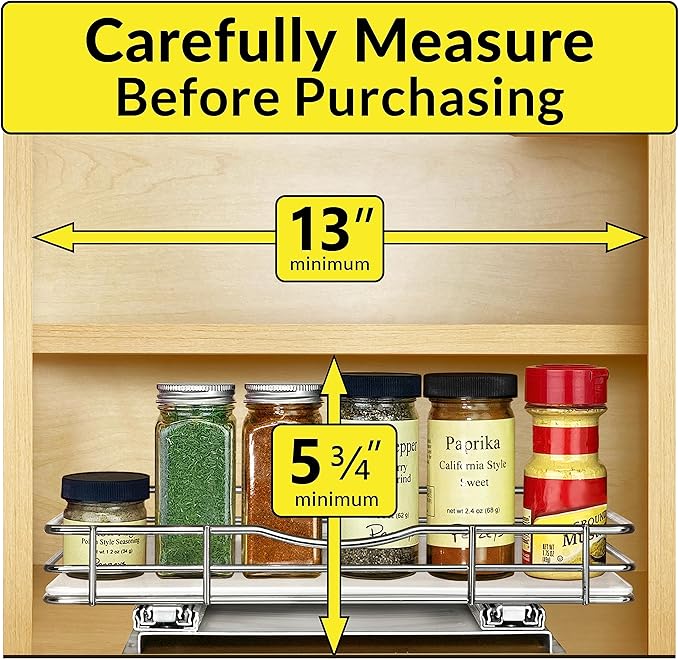 LYNK PROFESSIONAL® Pull Out Spice Rack Organizer for Inside Kitchen Cabinets - 12-3/8 inch Wide - Slide Out Drawer – Chrome Sliding Spice Cabinet Organization Shelf Racks - 1 Tier