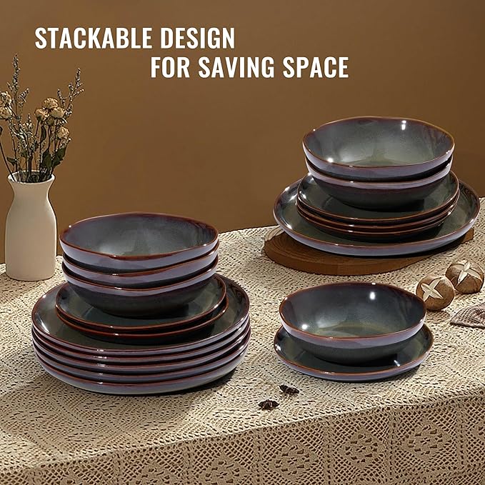 Herogo 12PCS Stoneware Dinnerware Sets, Plates and Bowls Dish Set for 4, Irregular Handmade Dinner Ware Dishware for Kitchen Dinning, Microwave & Dishwasher Safe, Lichen Green