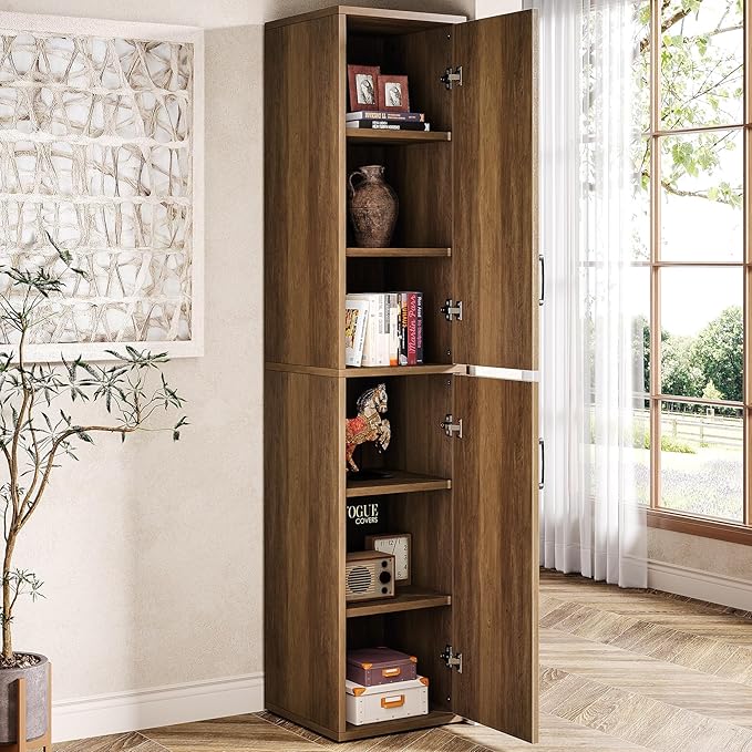 Tribesigns 75" Tall Narrow Storage Cabinet Set of 2, Modern Farmhouse Pantry Cabinet with Doors and 6 Shelves, Skinny Freestanding Utility Cabinet for Kitchen, Bathroom, Laudry, Living Room, Brown