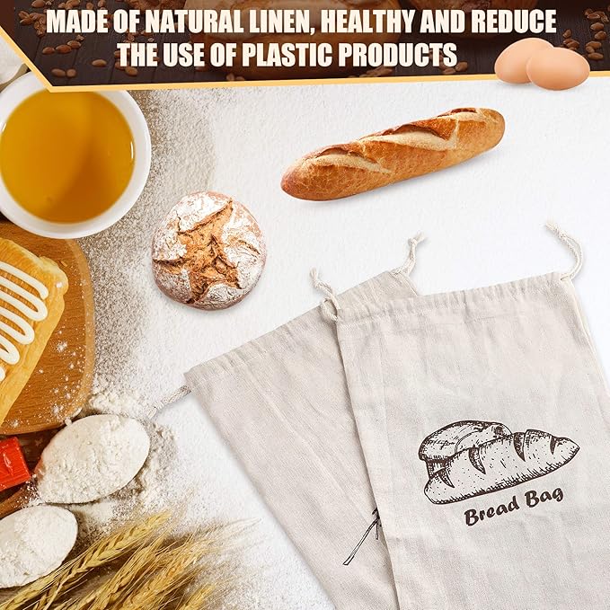 Augshy Linen Bread Bags for Homemade Bread Container, 4 Pcs 17.5 X11.5 Inches Unbleached & Reusable Bread Storage, Natural Large Storage for Artisan Bread