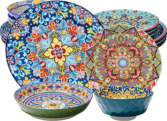 Plates and Bowls Set, Service for 4, 16 Pieces Ceramic Dinnerware Set, Microwave and Dishwasher Safe, Scratch Resistant, Bohemian Style Plates Set for Salad, Pasta, Dessert, Appetier