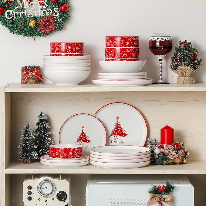 MALACASA Plates and Bowls Sets, 24 Pieces Christmas Porcelain Dinnerware Set for 6, Ceramic Dishware Dishes Kitchen Dining Ware Set, Microwave and Dishwasher Safe, Series LUNA-Christmas Tree