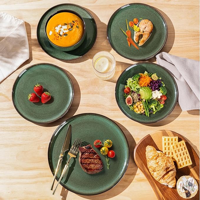 LERATIO Ceramic Dinnerware Set for 4, Poreclain Plates, Bowls, Handmade Reactive Glaze Dishes, Chip Resistant, Oven & Dishwasher Safe, Service for 4