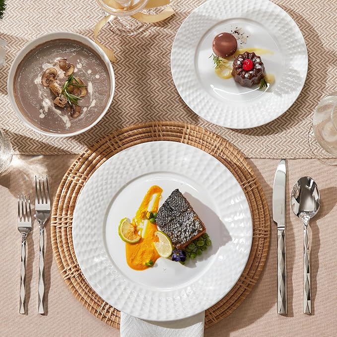 KINGSTONE Bone China Dinnerware Set, 24-Piece White Lightweight Porcelain for 8, Plates and Bowls with Rhombus patterned edge design, Microwave and Dishwasher Safe, for Family, Restaurant, Gifting