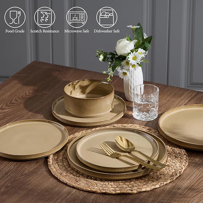 E-far 24-Piece Stoneware Dinnerware Sets, Plates and Bowls Sets for 8, Kitchen Modern Dinning Porcelain Dishes Set, Chip & Scratch Resistant, Dishwasher & Microwave Safe, Caramel Khaki
