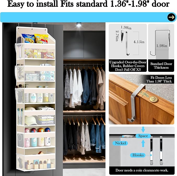 PAULONE 1 Pack Heavy Duty Over the Door Organizer, 6 Large + 12 Mesh Pockets with 89 lbs Capacity, Space-Saving Hanging Storage for Shoes, Toys, Bedroom & Closet-Off-White