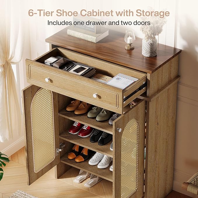 Tribesigns Shoe Cabinet with Doors, 6-Tier Shoe Rack with Drawer and Adjustable Shelves, 43.3" Tall Boho Farmhouse Shoe Storage Cabinet for Entryway, Hallway, Bedroom (Natural & Walnut)