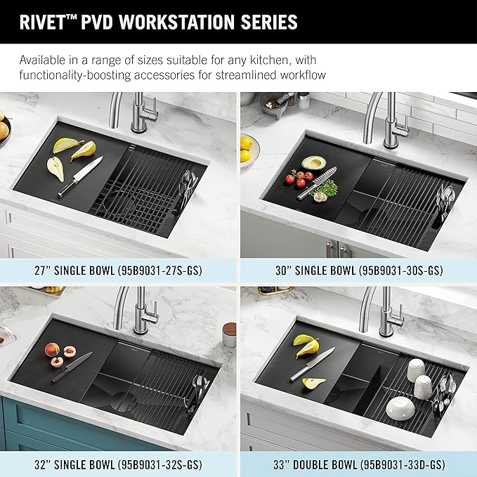 DELTA FAUCET Delta Rivet 32 Inch Black Stainless Steel Undermount 16 Gauge Workstation Kitchen Sink Single Bowl in PVD Gunmetal Finish with WorkFlow Ledge and Accessories, 95B9031-32S-GS