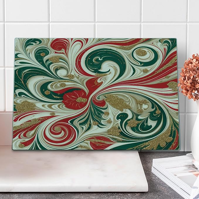 Ambesonne Christmas Cutting Board, Abstract Winter Feel Marble Print Art with Curling Lines Xmas Modern, Decorative Tempered Glass Cutting and Serving Board, Large Size, Dark Pink Green Ivory
