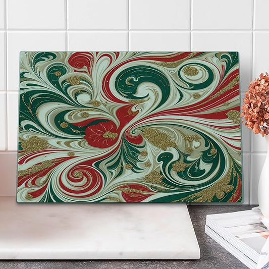 Ambesonne Christmas Cutting Board, Abstract Winter Feel Marble Print Art with Curling Lines Xmas Modern, Decorative Tempered Glass Cutting and Serving Board, Large Size, Dark Pink Green Ivory