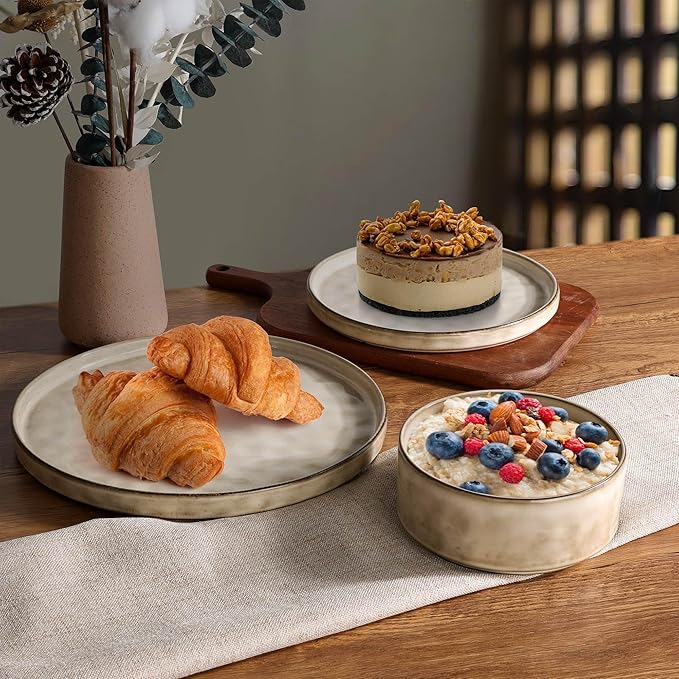 LIANYU Dinnerware Dish Set for 8, 24 Piece Stoneware Plates and Bowls, Ceramic Tableware Sets Includes Dinner Salad Plates, Cereal Bowls, Chip & Scratch Resistant, Sandy Beige