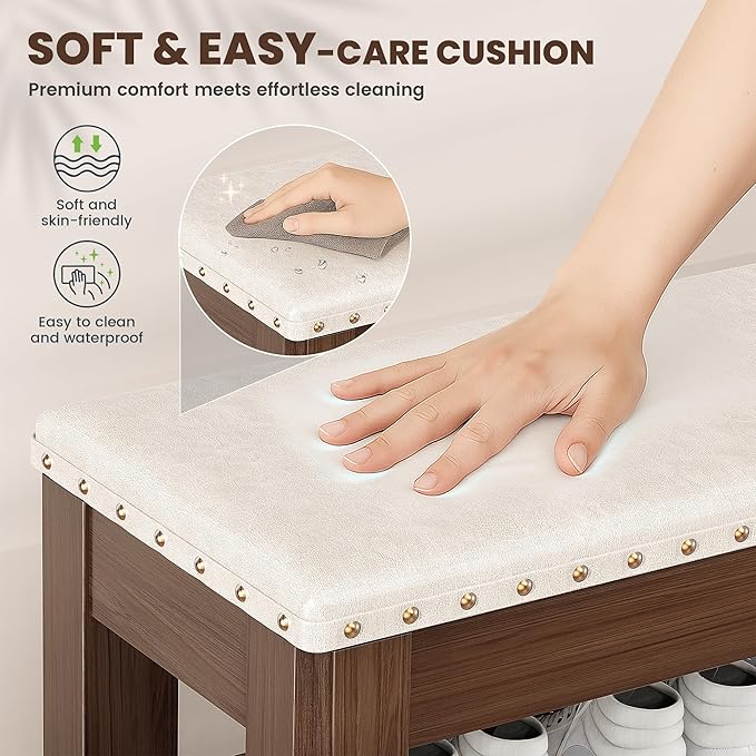 Shoe Bench for Entryway, Solid Rubberwood Shoe Bench with Hidden Storage, Adjustable 2-Tier Shelves & Soft PU Leather Seat, Shoe Rack Durable Easy Assembly for Hallway or Bedroom - Beige, 47.2"