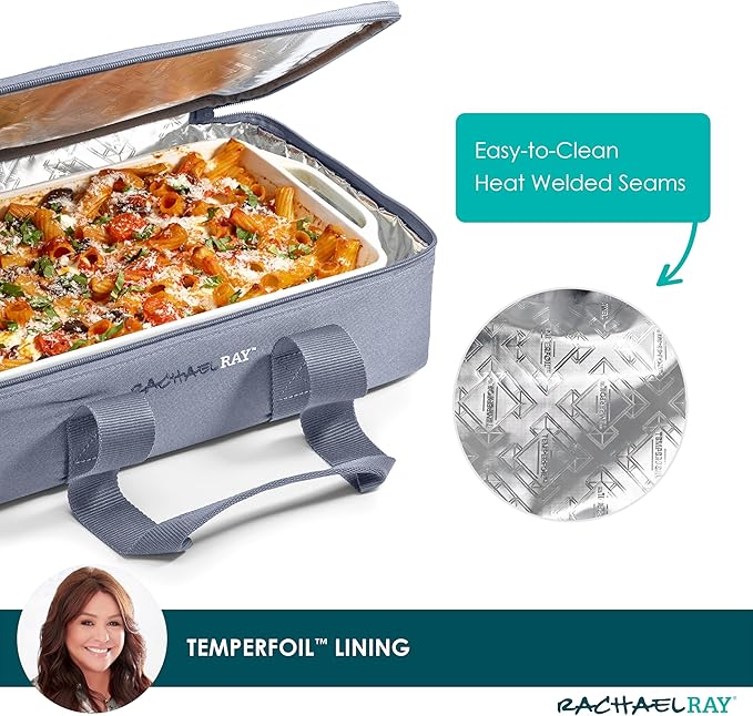 Rachael Ray Lugger Duo, Insulated Casserole Carrier for Hot or Cold Food, Thermal Lasanga Lugger Tote for Potluck, Parties, Picnic, and Cookouts, Fits 9" x 13" Baking Dish, Slate Stripe