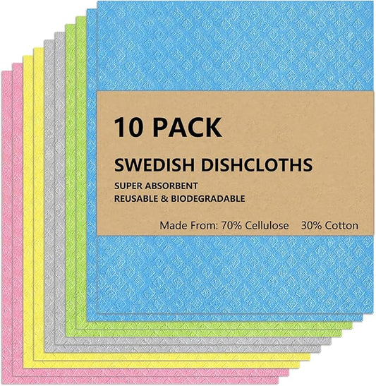 Swedish Dish Cloths 10 Pack - Ultra Absorbent Reusable Cellulose Sponge Cloths | Eco-Friendly Kitchen Towels for Dishes, Countertops & Cleaning | Fast-Drying, Biodegradable (Assorted Colors)